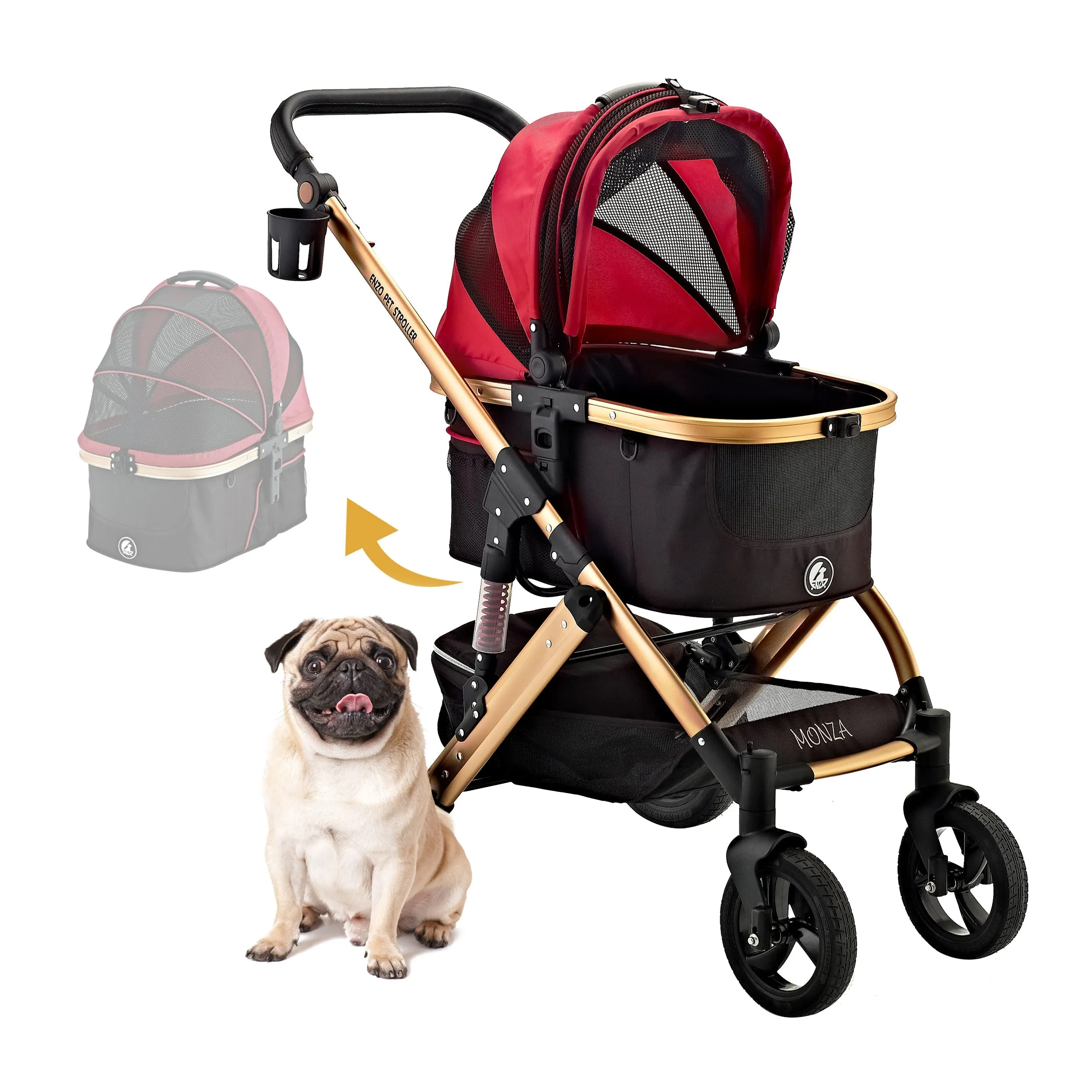 "Monza Luxury 3-in-1 Travel Pet Stroller: Ultimate Convenience for Small/Medium Dogs & Cats - Detachable Carrier, Pump-Free Tires, Aluminum Frame!"