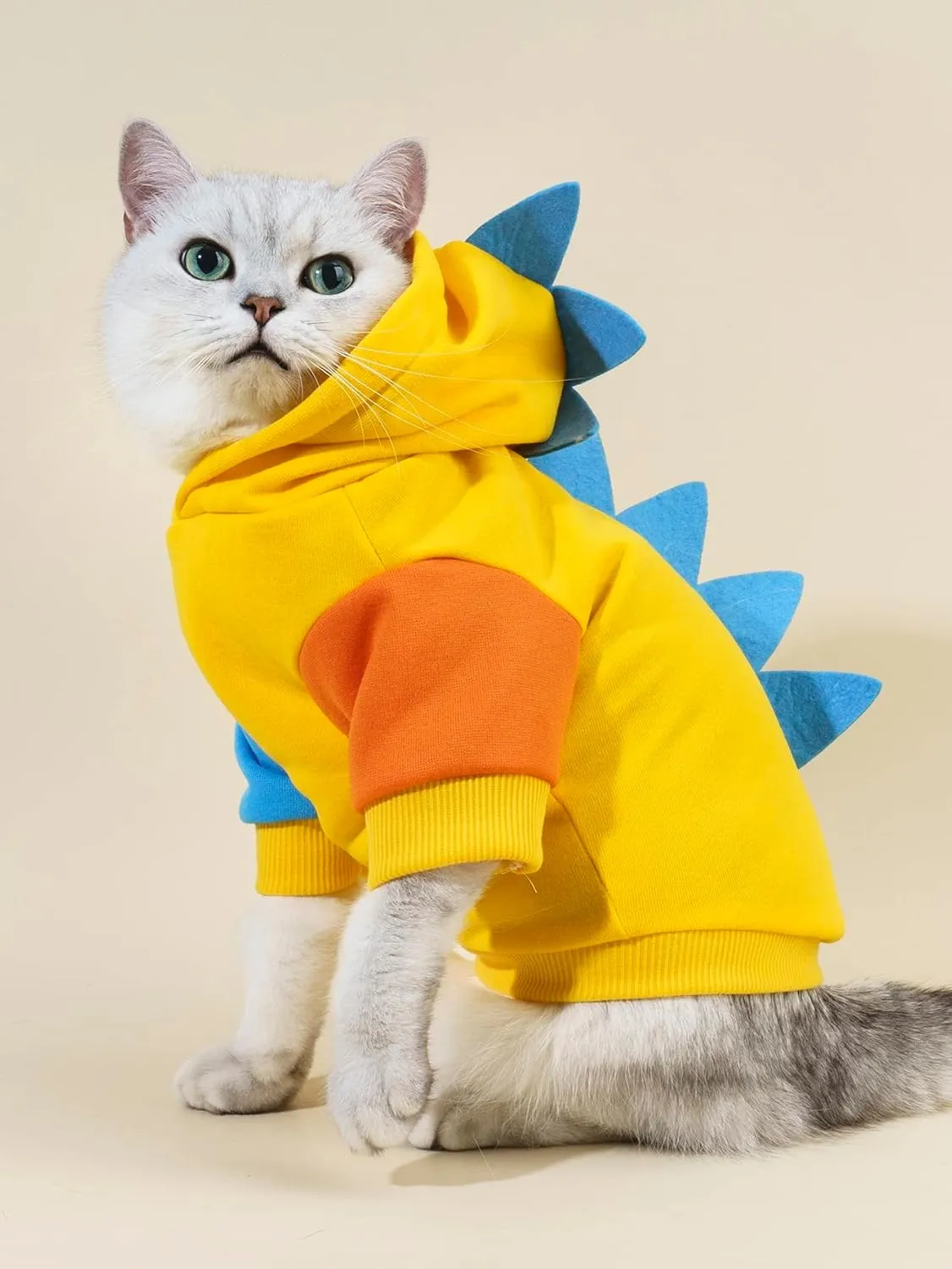 QWINEE Dinosaur Dog Hoodie Dog Warm Jacket Christmas Halloween Dog Costume Dog Clothes for Puppy Kitten Small Medium Dogs Cats Blue and Yellow XXS