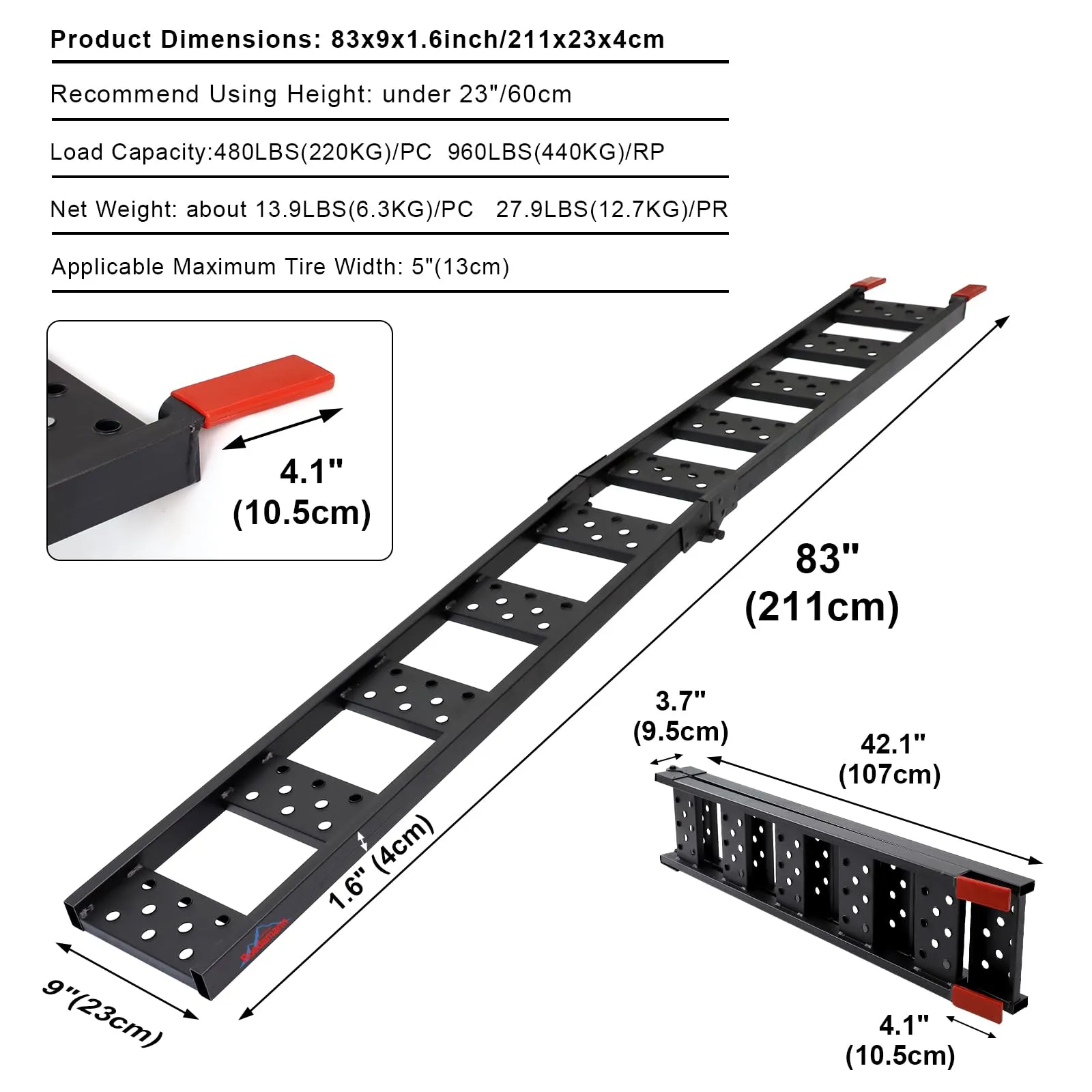 Ruedamann® 83" L x 9" W Steel Folding Ramp Pack of 2