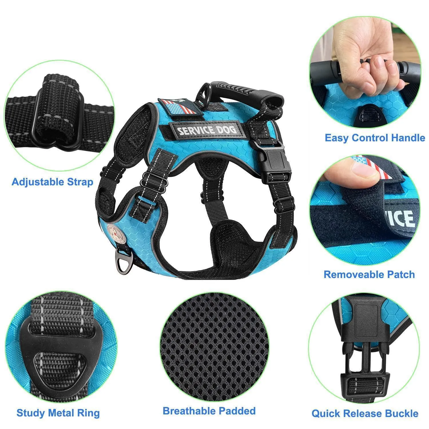 Service Dog Harness No-Pull Reflective Adjustable Soft Oxford Dog Vest Harness with Dog Leash