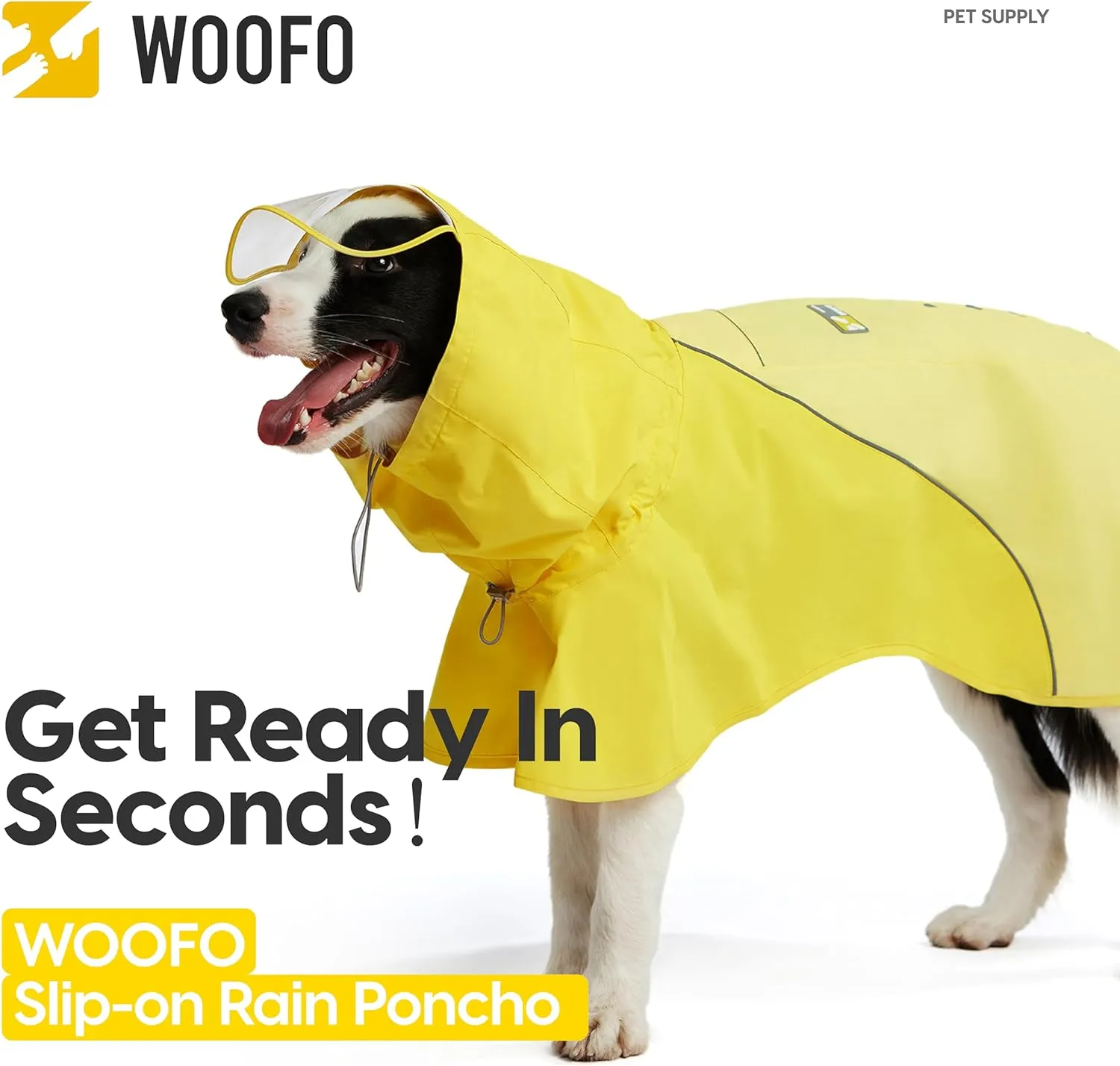 Slip-On Dog Rain Poncho, Quick & Easy to Wear Dog Raincoat, Unrestricted, Super Lightweight, and Waterproof Rain Jacket for All Breeds, Adjustable and Reflective (Yellow, Small)