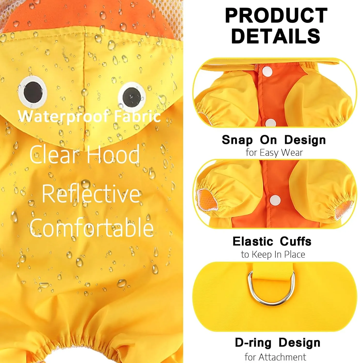 SMALLLEE_LUCKY_STORE Cute Duck Raincoat for Small Dogs with Hoood Leash D-Ring Puppy Botton Down Rain Jacket Full Boby 4 Leg Jumpsuit Lightweight Waterproof Clothes,Yellow M