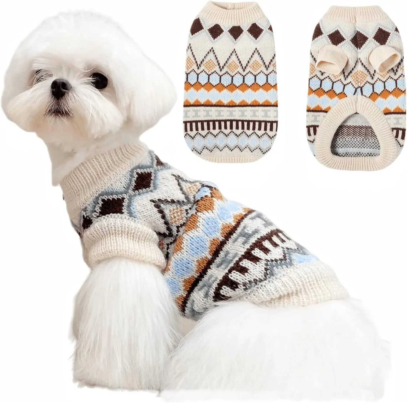 Soft Warm Knitted Cat & Dog Sweater - Classic Thick Pullover for Winter - Beige X-Small to Medium for Girl & Boy Puppy & Kitten