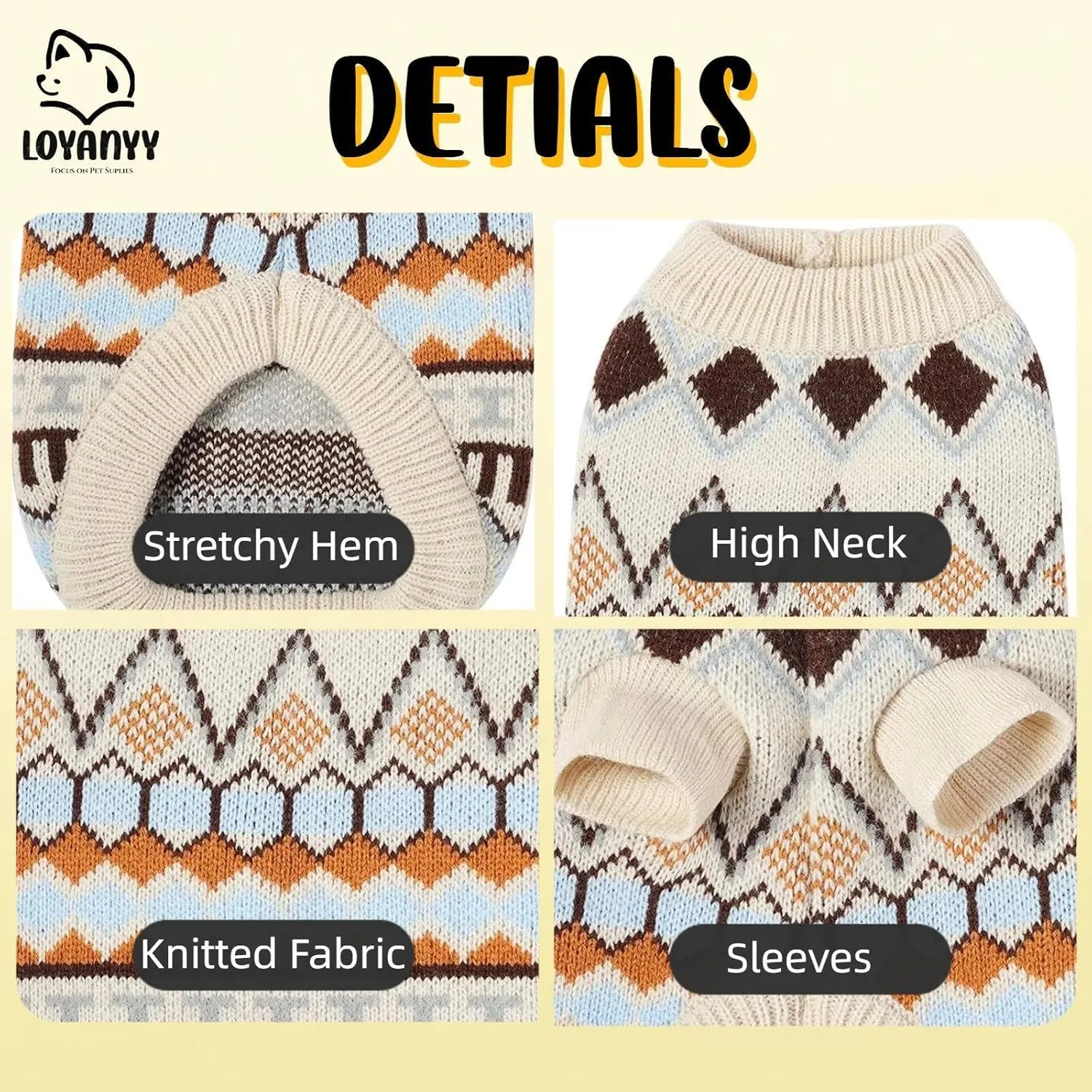 Soft Warm Knitted Cat & Dog Sweater - Classic Thick Pullover for Winter - Beige X-Small to Medium for Girl & Boy Puppy & Kitten