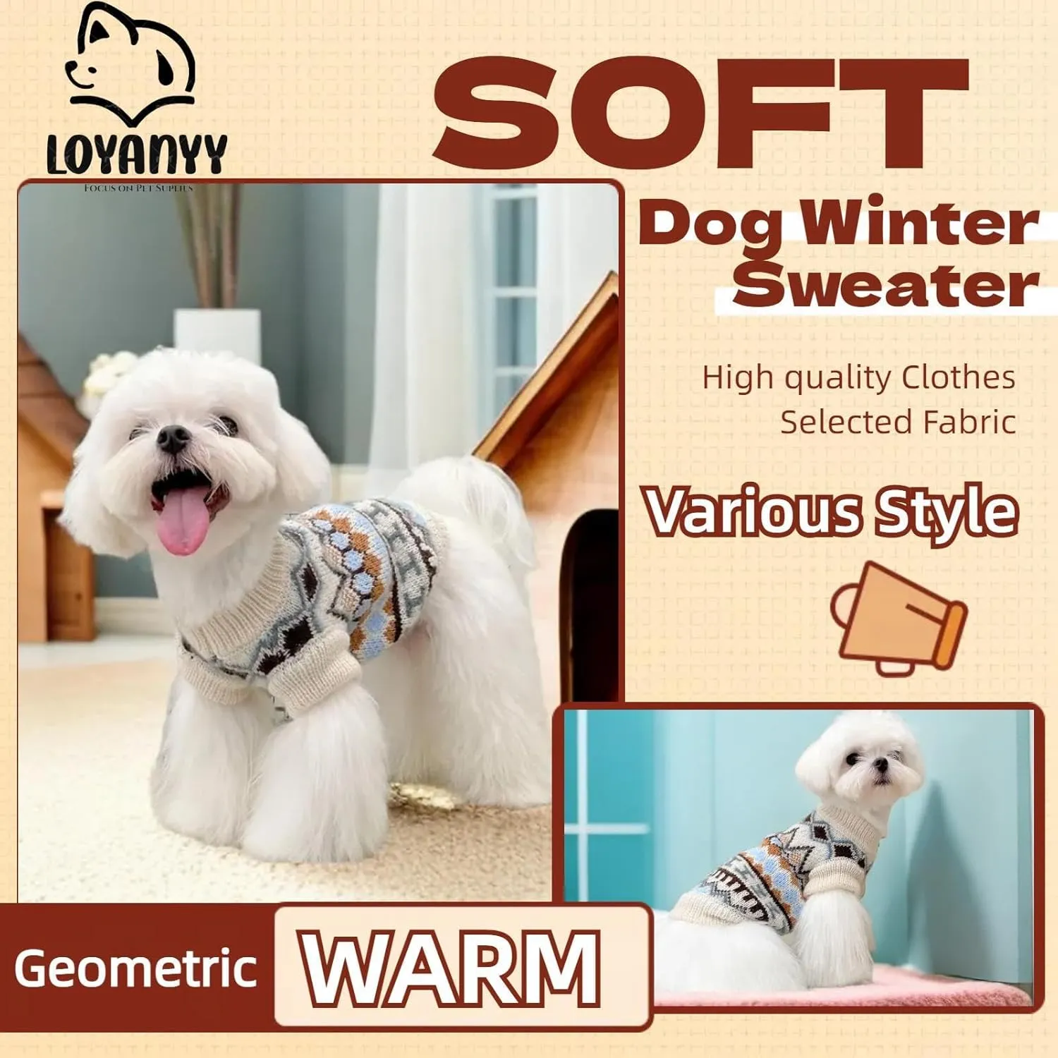 Soft Warm Knitted Cat & Dog Sweater - Classic Thick Pullover for Winter - Beige X-Small to Medium for Girl & Boy Puppy & Kitten
