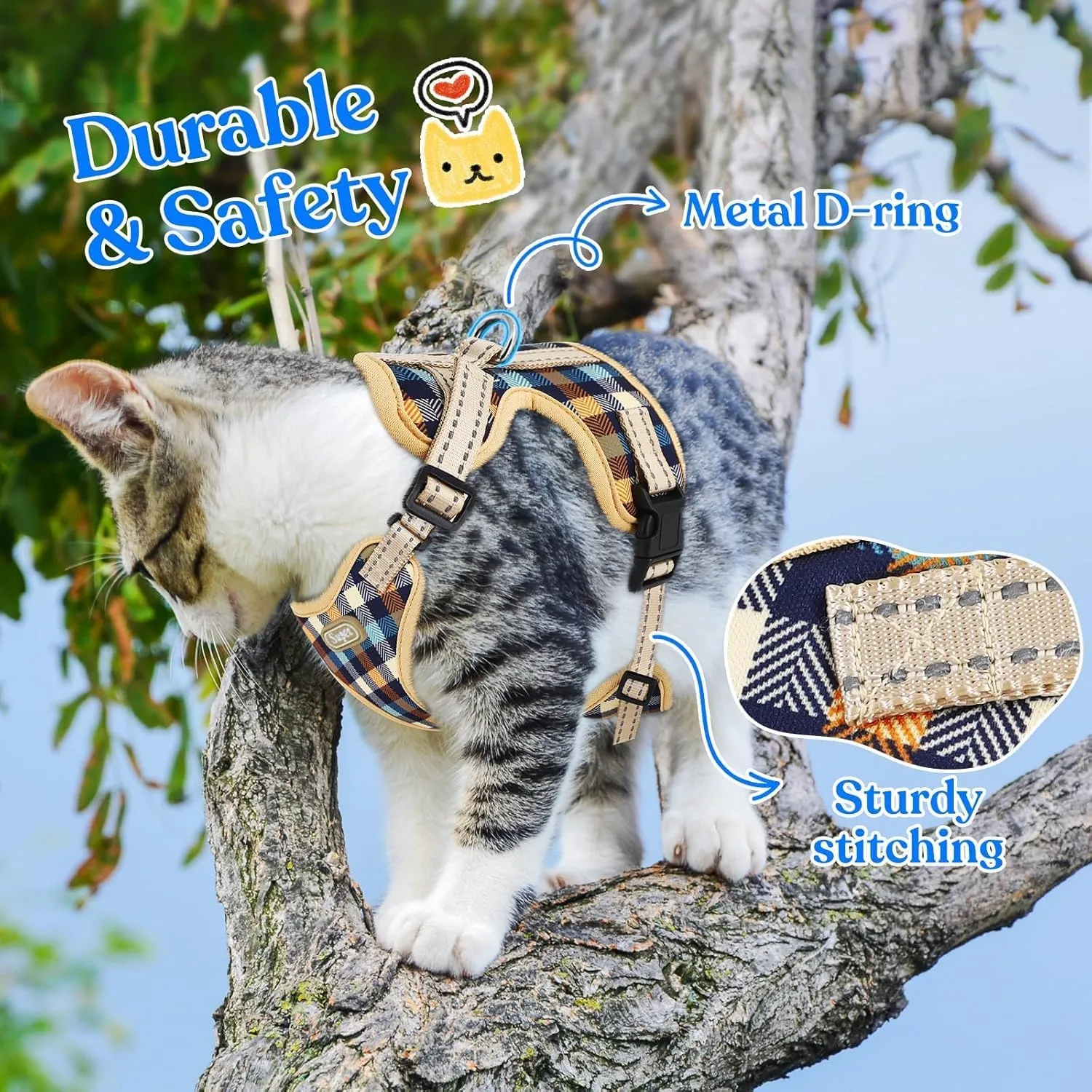 Supet Cat Harness and Leash for Walking Escape Proof, Adjustable Harness for Cats, Easy Control Small Cat Harness for Medium Large Kitten Khaik