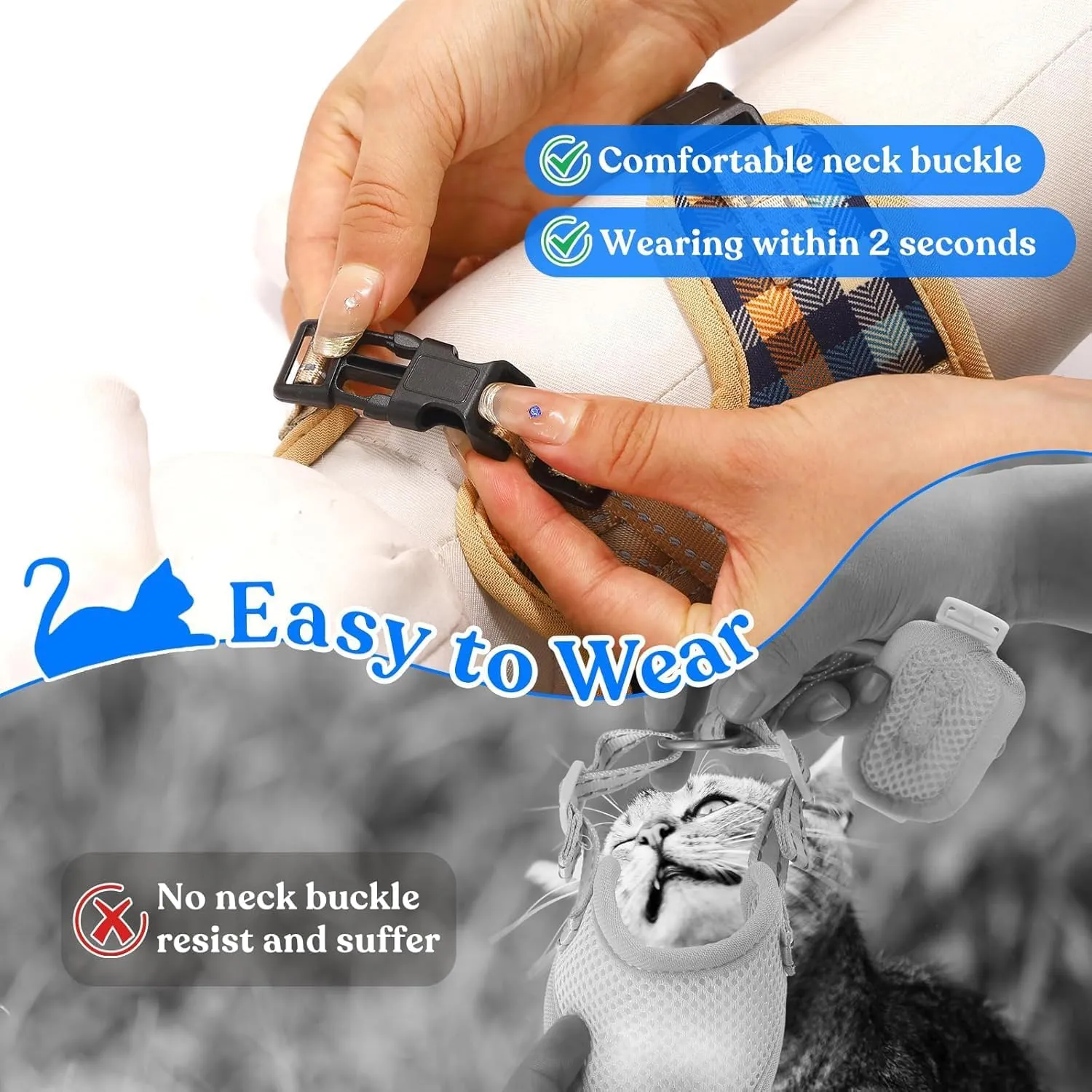 Supet Cat Harness and Leash for Walking Escape Proof, Adjustable Harness for Cats, Easy Control Small Cat Harness for Medium Large Kitten Khaik