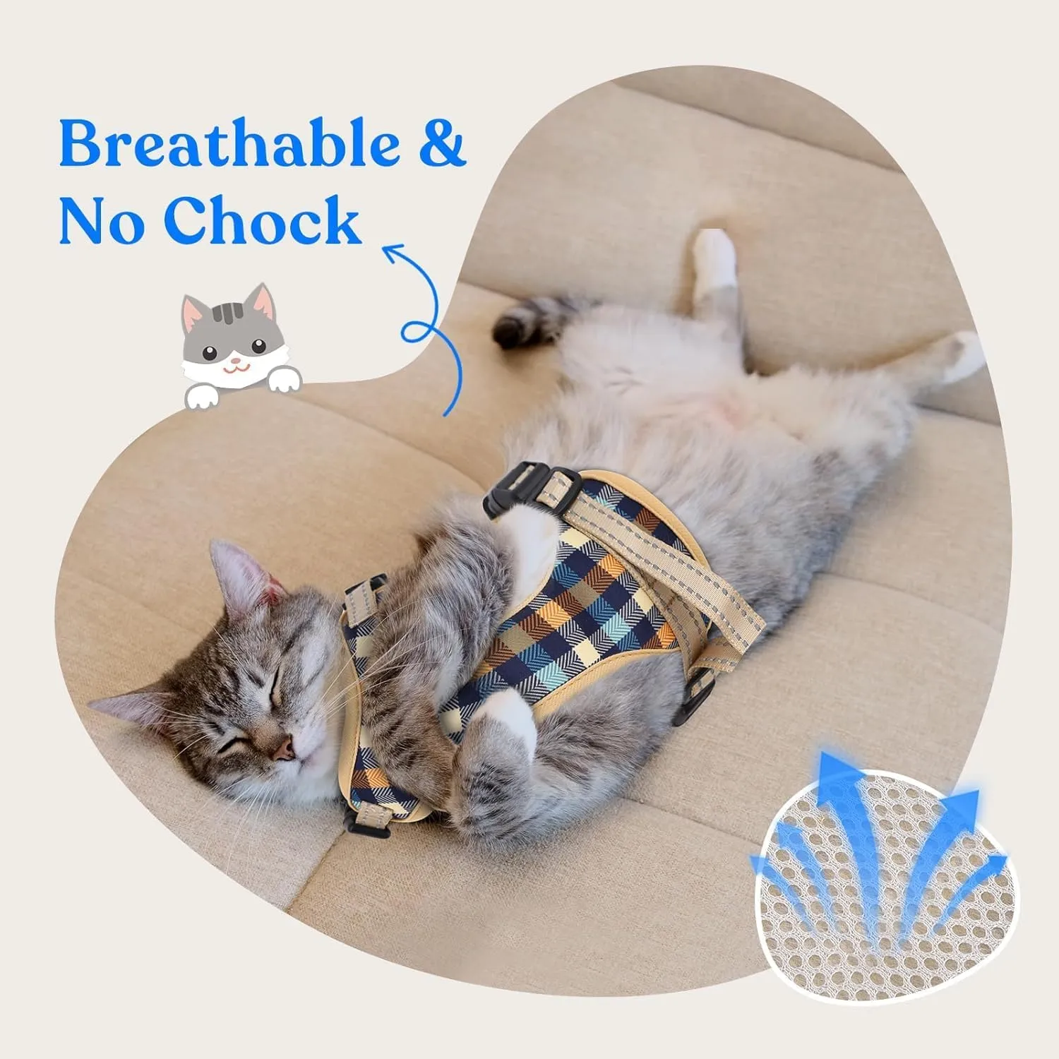 Supet Cat Harness and Leash for Walking Escape Proof, Adjustable Harness for Cats, Easy Control Small Cat Harness for Medium Large Kitten Khaik