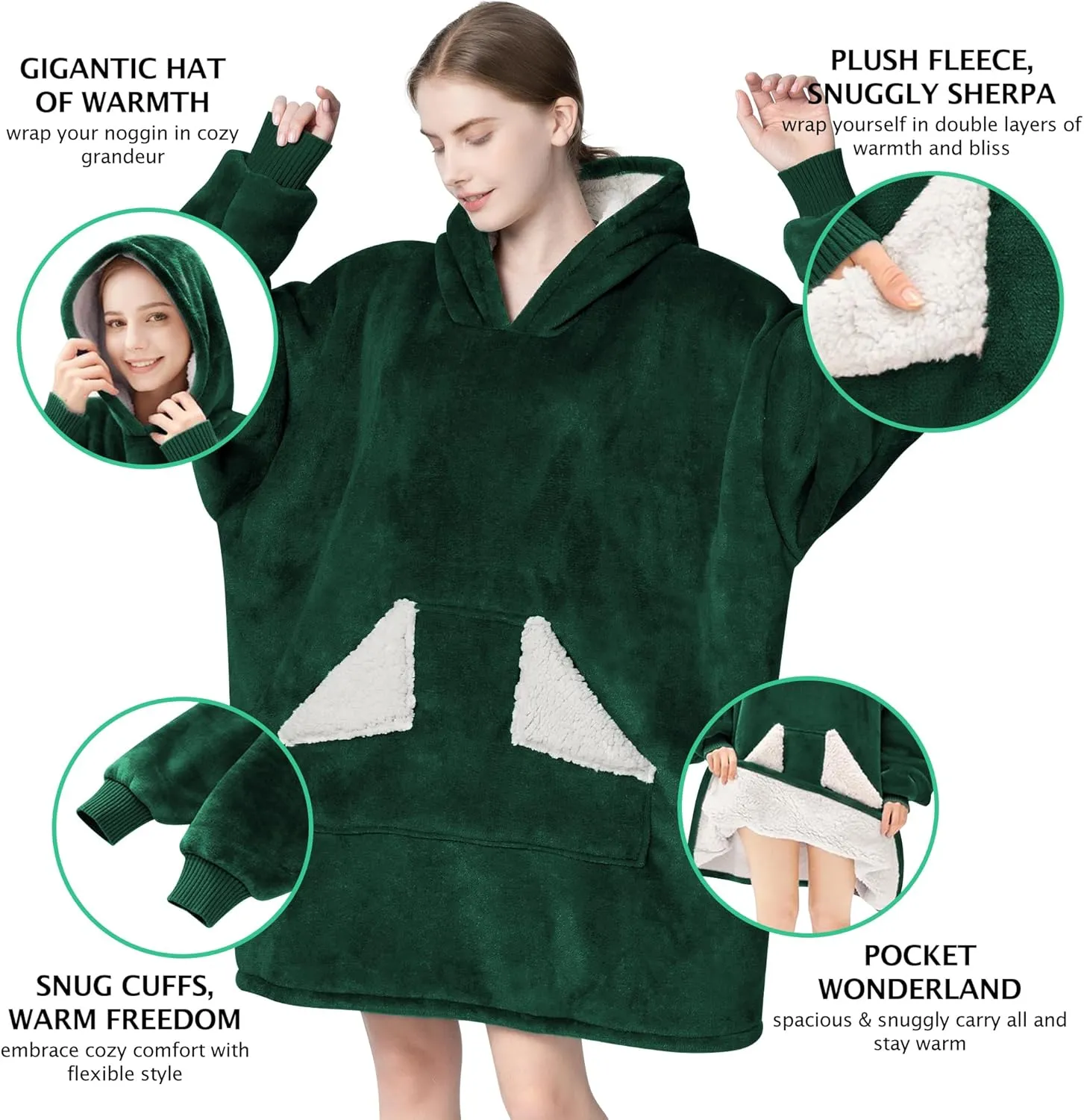 Touchat Wearable Blanket Hoodie, Oversized Sherpa Fleece Sweatshirt Blanket with Giant Hood Pocket and Sleeves for Adult, Warm & Cozy Blanket Gifts for Women (Forest Green)