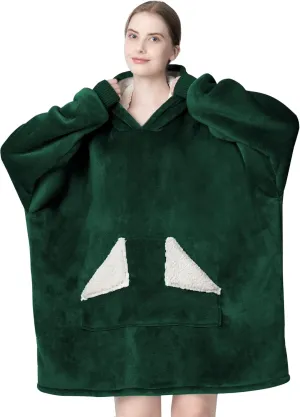 Touchat Wearable Blanket Hoodie, Oversized Sherpa Fleece Sweatshirt Blanket with Giant Hood Pocket and Sleeves for Adult, Warm & Cozy Blanket Gifts for Women (Forest Green)