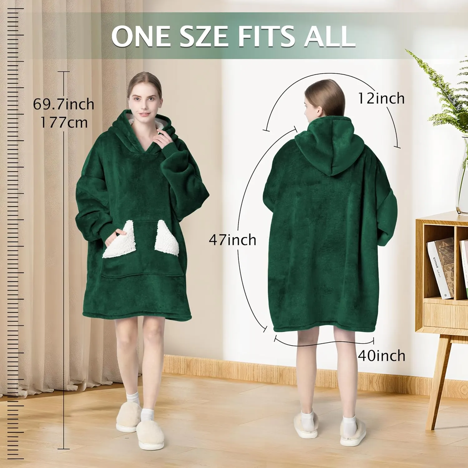 Touchat Wearable Blanket Hoodie, Oversized Sherpa Fleece Sweatshirt Blanket with Giant Hood Pocket and Sleeves for Adult, Warm & Cozy Blanket Gifts for Women (Forest Green)
