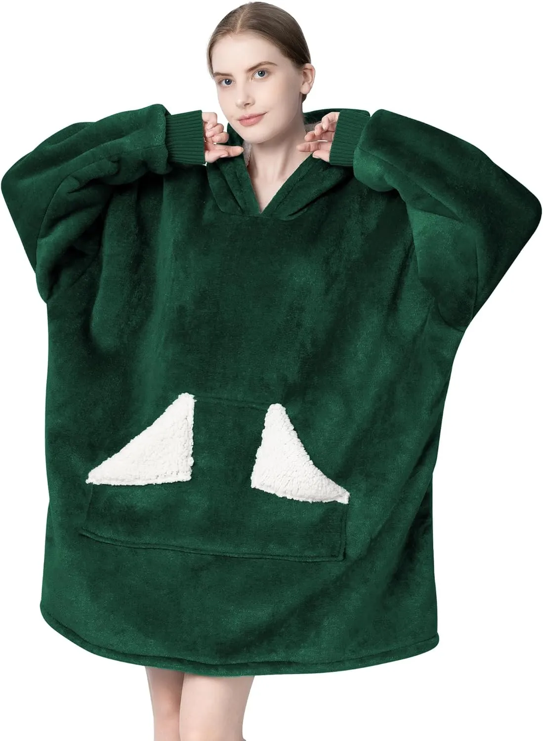 Touchat Wearable Blanket Hoodie, Oversized Sherpa Fleece Sweatshirt Blanket with Giant Hood Pocket and Sleeves for Adult, Warm & Cozy Blanket Gifts for Women (Forest Green)