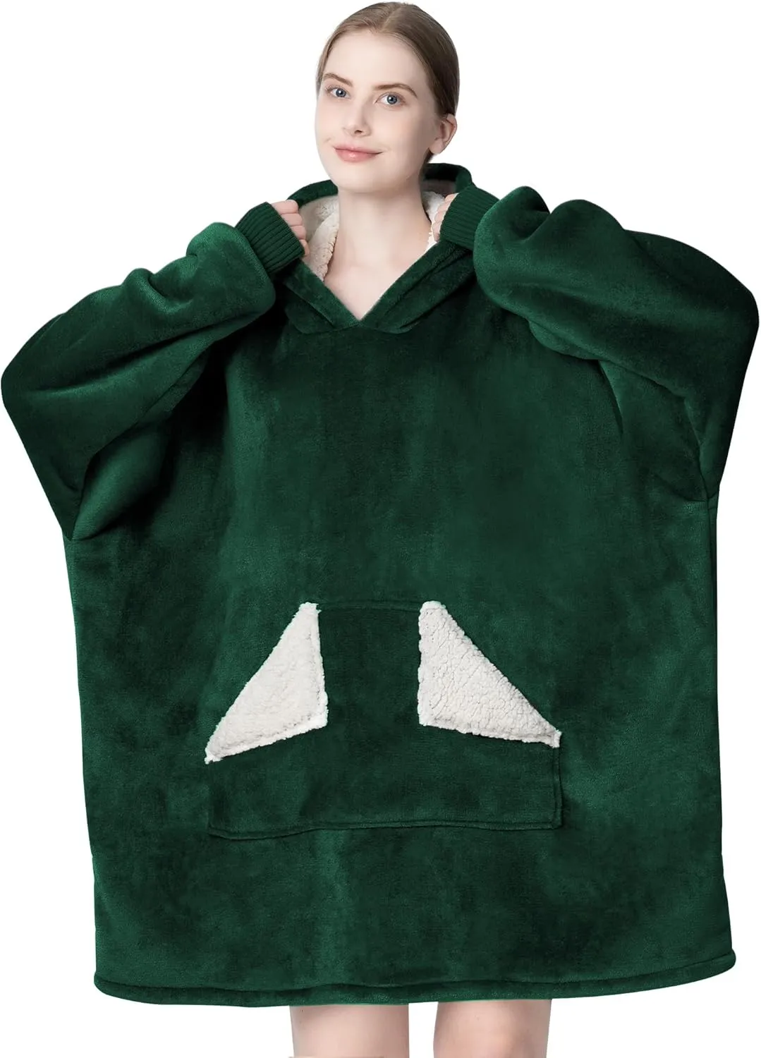 Touchat Wearable Blanket Hoodie, Oversized Sherpa Fleece Sweatshirt Blanket with Giant Hood Pocket and Sleeves for Adult, Warm & Cozy Blanket Gifts for Women (Forest Green)
