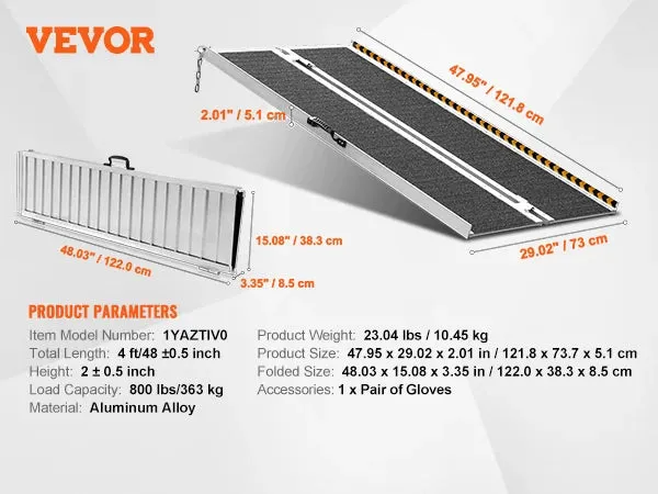 VEVOR Portable Wheelchair Ramp 24/36/48/72in 800 lbs Capacity Non-Slip Aluminum Folding Threshold Ramp Foldable Wheel Chair Ramp