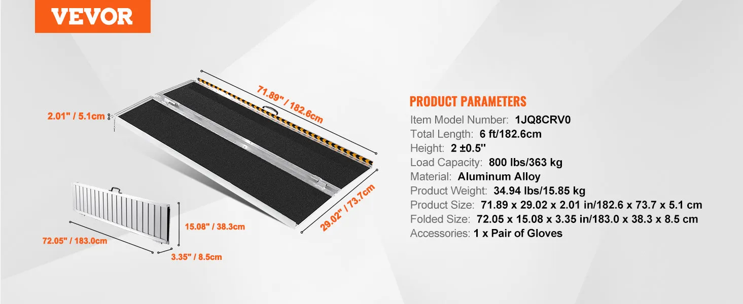 VEVOR Portable Wheelchair Ramp 24/36/48/72in 800 lbs Capacity Non-Slip Aluminum Folding Threshold Ramp Foldable Wheel Chair Ramp