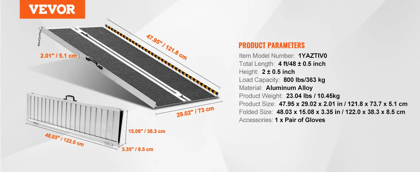 VEVOR Portable Wheelchair Ramp 24/36/48/72in 800 lbs Capacity Non-Slip Aluminum Folding Threshold Ramp Foldable Wheel Chair Ramp