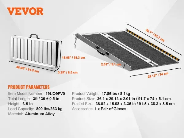VEVOR Portable Wheelchair Ramp 24/36/48/72in 800 lbs Capacity Non-Slip Aluminum Folding Threshold Ramp Foldable Wheel Chair Ramp
