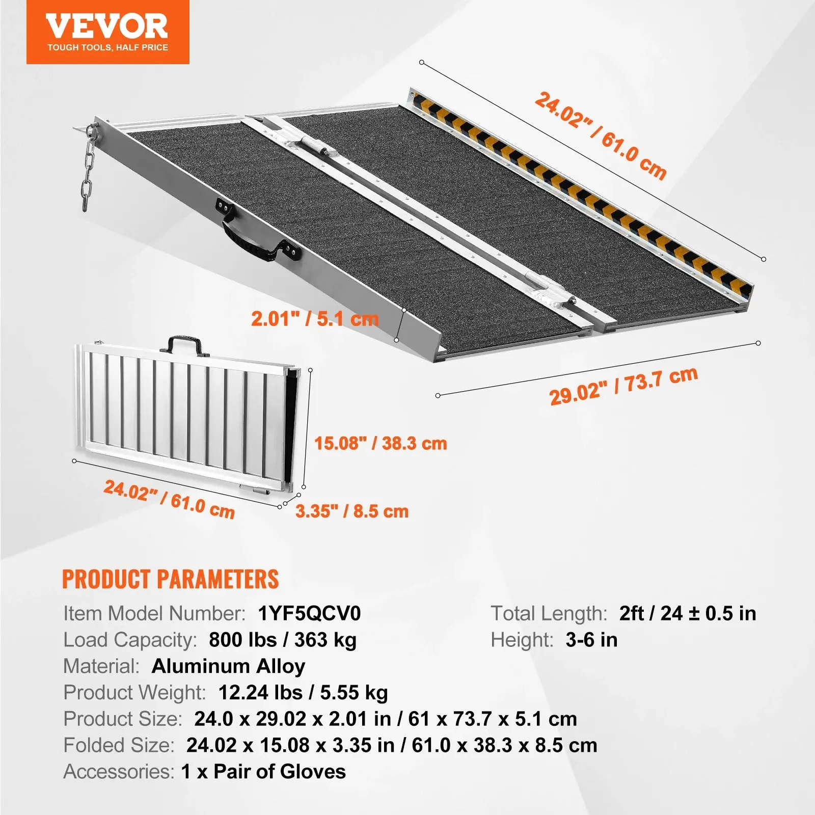 VEVOR Portable Wheelchair Ramp 24/36/48/72in 800 lbs Capacity Non-Slip Aluminum Folding Threshold Ramp Foldable Wheel Chair Ramp