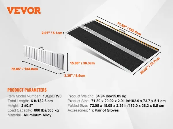 VEVOR Portable Wheelchair Ramp 24/36/48/72in 800 lbs Capacity Non-Slip Aluminum Folding Threshold Ramp Foldable Wheel Chair Ramp
