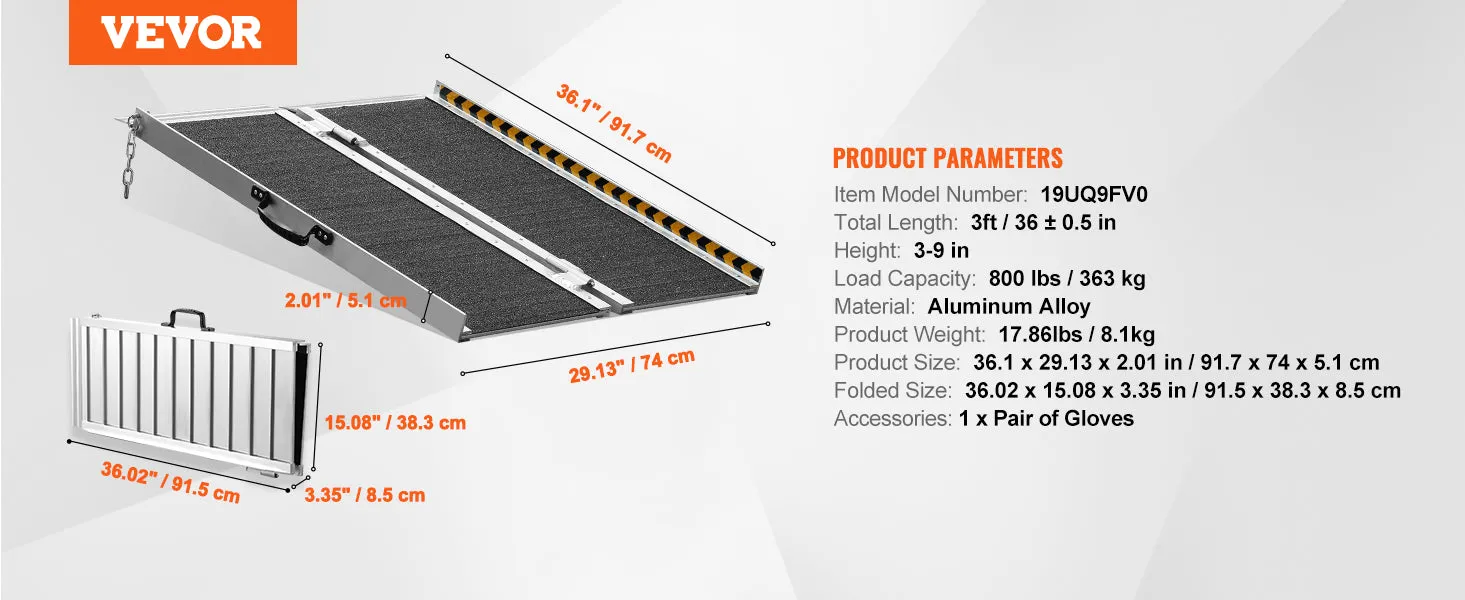 VEVOR Portable Wheelchair Ramp 24/36/48/72in 800 lbs Capacity Non-Slip Aluminum Folding Threshold Ramp Foldable Wheel Chair Ramp