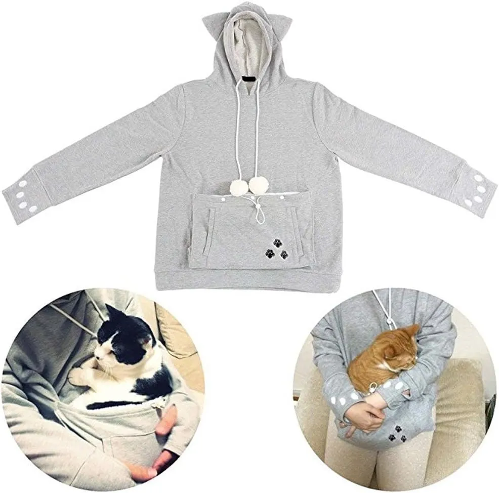 VincentDeep Unisex Cat Ear Big Kangaroo Pouch Hoodie Long Sleeve Pet Cat Dog Holder Carrier Sweatshirt