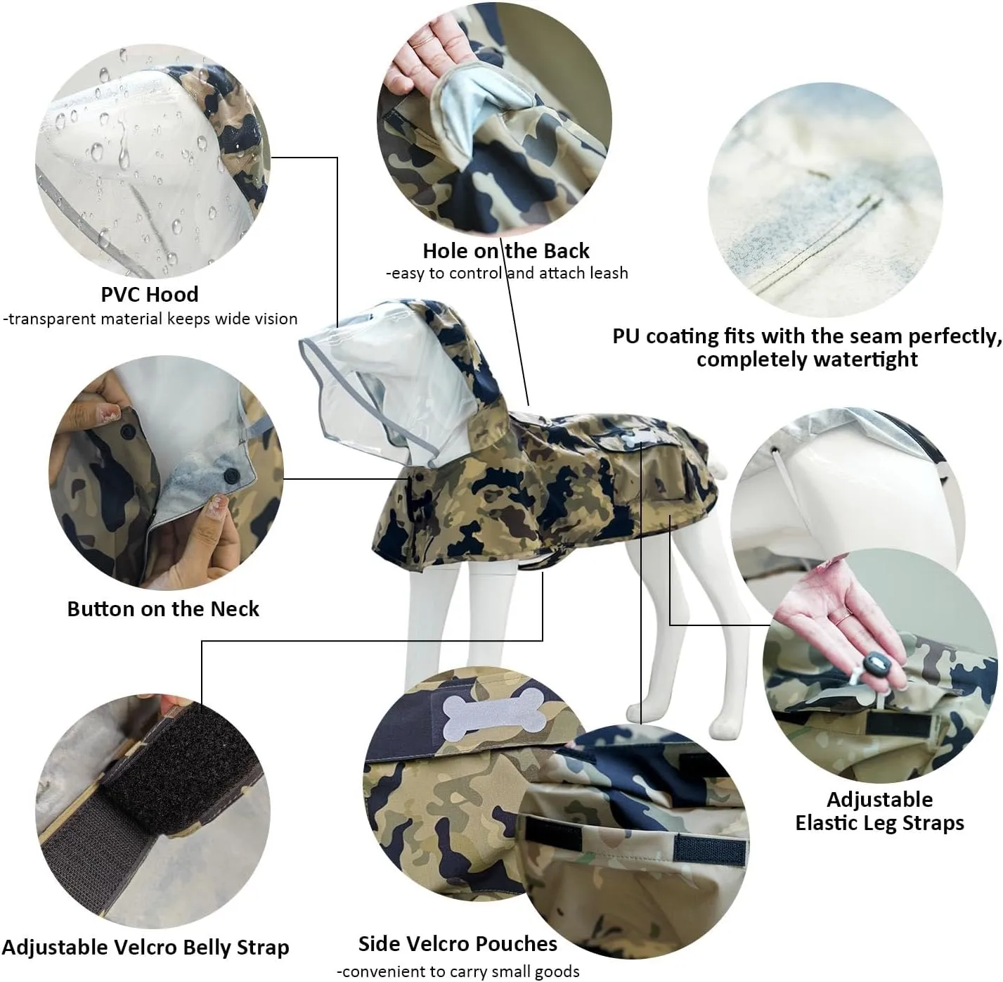 Waterproof Dog Raincoat, Adjustable Reflective Lightweight Pet Rain Clothes with Poncho Hood(Small,Camo)