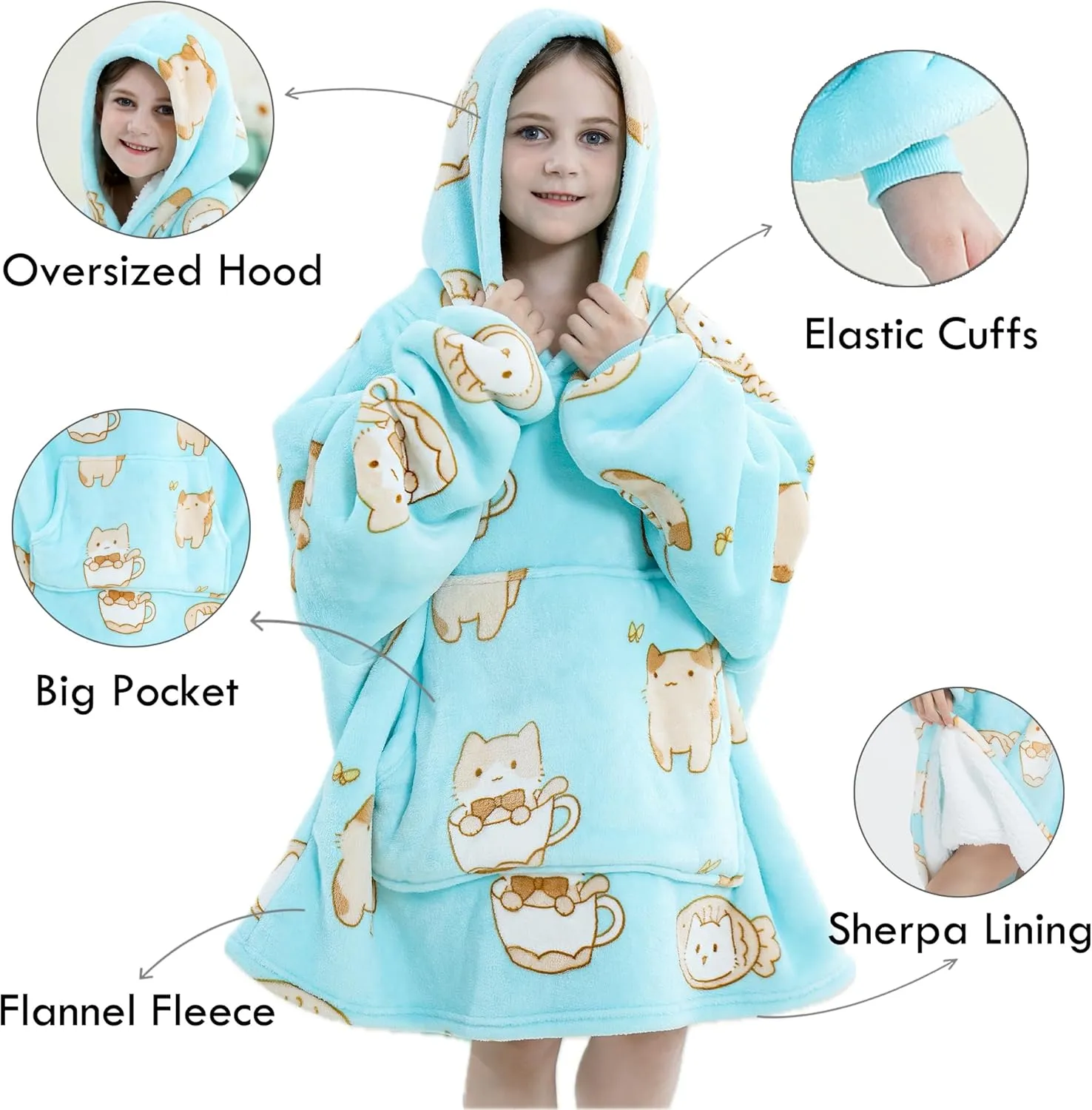Wearable Blanket Hoodie Oversize Sherpa Fleece Hooded Blanket for Adults and Kids Snuggie Sweatshirt for Women Men