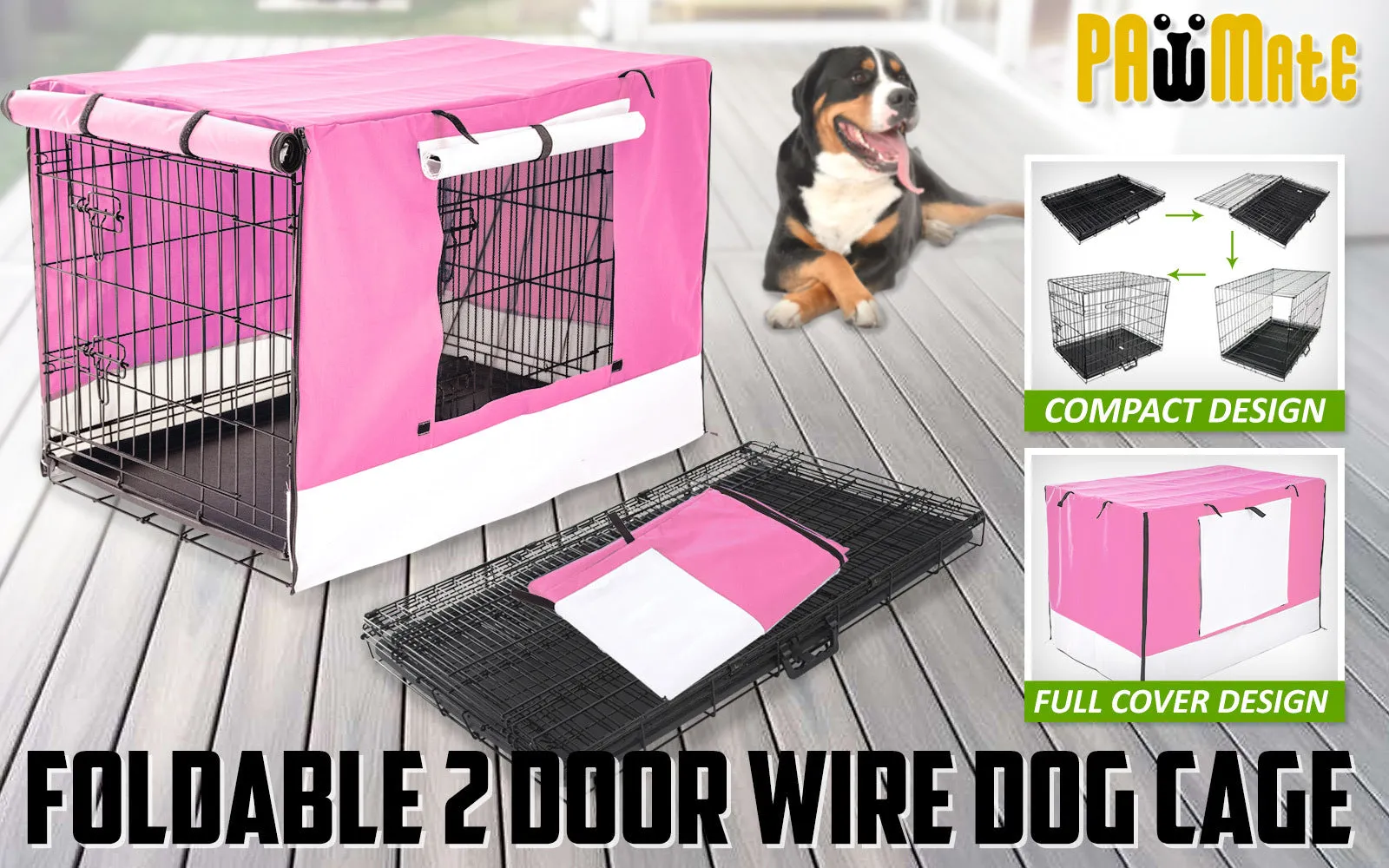 Wire Dog Cage Foldable Crate Kennel 36in with Tray   Pink Cover Combo